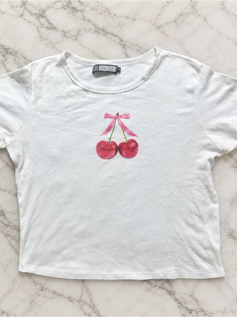 Y2K Style Girl Dangerous White Short Sleeve Tee with Cherry Graphic size large